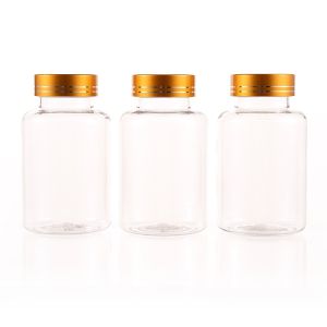 175cc Clear PET Plastic Packer Bottle (F3002P0175) with Electroplated Gold Plastic Cap (Hot Stamped Double Lines on the Side)
