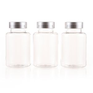 175cc Clear PET Plastic Packer Bottle (F3002P0175) with Electroplated Silver Plastic Cap (Hot Stamped Double Lines on the Side)