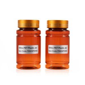 100cc Amber PET Plastic Packer Bottle (F2024P0100) with Electroplated Gold Plastic Cap (Hot Stamped Double Lines on the Side)