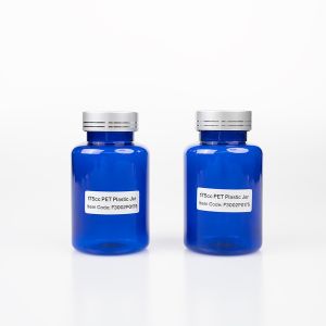 175cc Blue PET Plastic Packer Bottle (F3002P0175) with Electroplated Silver Plastic Cap (Hot Stamped Double Lines on the Side)