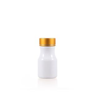 50cc Opaque White PET Plastic Packer Bottle (F2002P0050) with Electroplated Gold Plastic Cap (Hot Stamped Single Line on the Side)