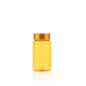 100cc Yellow PET Plastic Packer Bottle (F2024P0100) with Electroplated Gold Plastic Cap (Hot Stamped Double Lines on the Side)