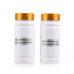 100cc White PET Plastic Packer Bottle (F2037P0100) with Electroplated Gold Plastic Cap (Hot Stamped Double Lines on the Side)