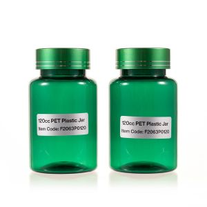 120cc Green PET Plastic Packer Bottle (F2063P0120) with Electroplated Green Plastic Cap (Hot Stamped Double Lines on the Side)