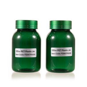 135cc Green PET Plastic Packer Bottle (F2067P0135) with Electroplated Green Plastic Cap (Hot Stamped Double Lines on the Side)