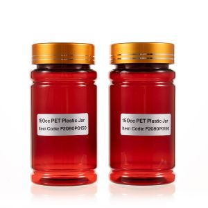 150cc Red PET Plastic Packer Bottle (F2080P0150) with Electroplated Gold Plastic Cap (Hot Stamped Double Lines on the Side)