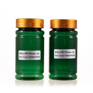 150cc Green PET Plastic Packer Bottle (F2084P0150) with Electroplated Gold Plastic Cap (Hot Stamped Double Lines on the Side)