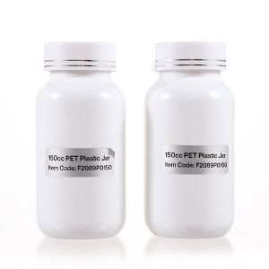 150cc White PET Plastic Packer Bottle (F2089P0150) with Electroplated White Plastic Cap (Hot Stamped Double Lines on the Side)