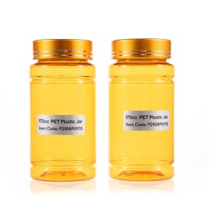 170cc Yellow PET Plastic Packer Bottle (F2109P0170) with Electroplated Gold Plastic Cap (Hot Stamped Double Lines on the Side)