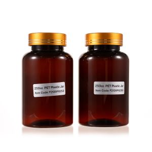 250cc Amber PET Plastic Packer Bottle (F2139P0250) with Electroplated Gold Plastic Cap (Hot Stamped Double Lines on the Side)