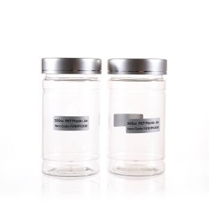 300cc Clear PET Plastic Packer Bottle (F2161P0300) with Electroplated Silver Plastic Cap (Hot Stamped Single Lines on the Side)