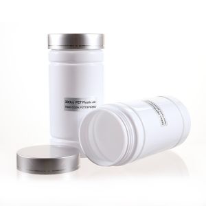380cc White PET Plastic Packer Bottle (F2170P0380) with Electroplated Silver Plastic Cap (Hot Stamped Single Lines on the Side)