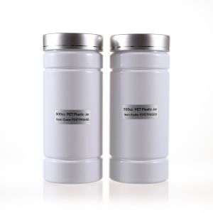 500cc White PET Plastic Packer Bottle (F2177P0500) with Electroplated Silver Plastic Cap (Hot Stamped Single Lines on the Side)