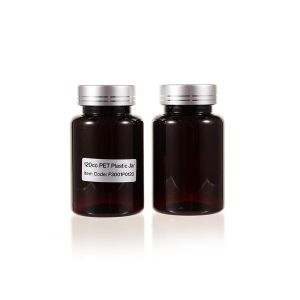 120cc Amber PET Plastic Packer Bottle (F3001P0120) with Electroplated Silver Plastic Cap (Hot Stamped Double Lines on the Side)