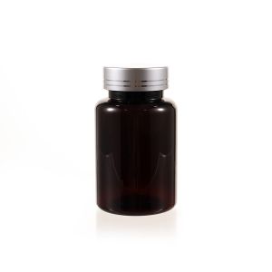 120cc Amber PET Plastic Packer Bottle (F3001P0120) with Electroplated Silver Plastic Cap (Hot Stamped Double Lines on the Side)