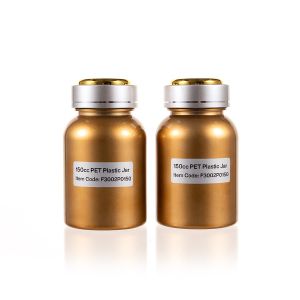 150cc Electroplated Yellow PET Plastic Packer Bottle (F3002P0150) with Electroplated Silver Double Shell Cap