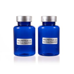 175cc Blue PET Plastic Packer Bottle (F3002P0175) with Electroplated Silver Plastic Cap (Hot Stamped Double Lines on the Side)