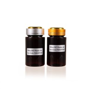 100cc Amber PET Plastic Packer Bottle (F3004P0100) with Electroplated Silver and Gold Double Shell Cap