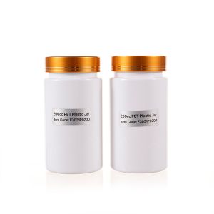 200cc Opaque White PET Plastic Packer Bottle (F3031P0200) with Electroplated Gold Plastic Cap (Hot Stamped Double Lines on the Side)