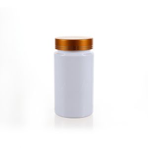 200cc Opaque White PET Plastic Packer Bottle (F3031P0200) with Electroplated Gold Plastic Cap (Hot Stamped Double Lines on the Side)