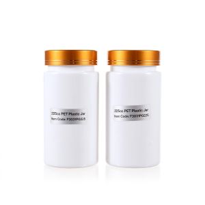 225cc Opaque White PET Plastic Packer Bottle (F3031P0225) with Electroplated Gold Plastic Cap (Hot Stamped Double Lines on the Side)