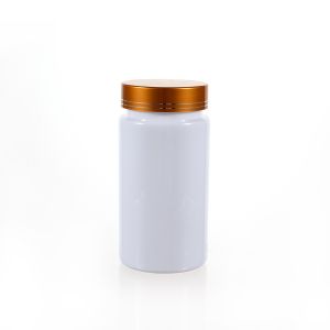 225cc Opaque White PET Plastic Packer Bottle (F3031P0225) with Electroplated Gold Plastic Cap (Hot Stamped Double Lines on the Side)