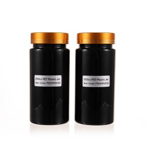 250cc Black PET Plastic Packer Bottle (F3031P0250) with Electroplated Gold Plastic Cap (Hot Stamped Double Lines on the Side)