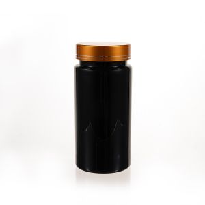 250cc Black PET Plastic Packer Bottle (F3031P0250) with Electroplated Gold Plastic Cap (Hot Stamped Double Lines on the Side)