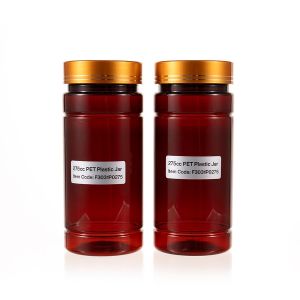 275cc Amber PET Plastic Packer Bottle (F3031P0275) with Electroplated Gold Plastic Cap (Hot Stamped Double Lines on the Side)