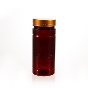 275cc Amber PET Plastic Packer Bottle (F3031P0275) with Electroplated Gold Plastic Cap (Hot Stamped Double Lines on the Side)