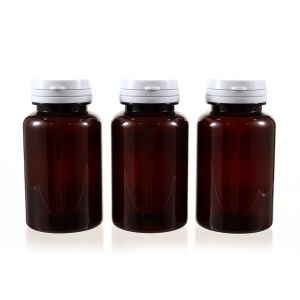 150cc Amber PET Plastic Packer Bottle (F3042P0150) with White Tear-Off Plastic Cap