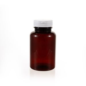 250cc Amber PET Plastic Packer Bottle (F3042P0250) with White and Yellow Tear-Off Plastic Cap