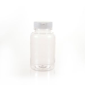 250cc Clear PET Plastic Packer Bottle (F3043P0250) with White and Yellow Tear-Off Plastic Cap