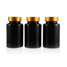 225cc Black PET Plastic Packer Bottle (F3021P0225) with Electroplated Gold Plastic Cap (Hot Stamped Double Lines on the Side)