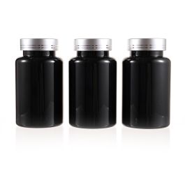 225cc Black PET Plastic Packer Bottle (F3021P0225) with Electroplated Silver Plastic Cap (Hot Stamped Double Lines on the Side)