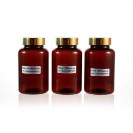 275cc Amber PET Plastic Packer Bottle (F1001P0275) with Electroplated Gold Plastic Cap