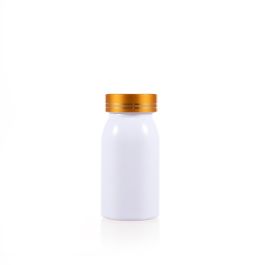 100cc White PET Plastic Packer Bottle (F2035P0100) with Electroplated Gold Plastic Cap (Hot Stamped Double Lines on the Side)