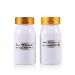 100cc White PET Plastic Packer Bottle (F2035P0100) with Electroplated Gold Plastic Cap (Hot Stamped Double Lines on the Side)