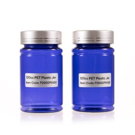 120cc Blue PET Plastic Packer Bottle (F2050P0120) with Electroplated Silver Plastic Cap (Hot Stamped Double Lines on the Side)