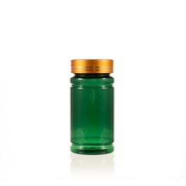 150cc Green PET Plastic Packer Bottle (F2084P0150) with Electroplated Gold Plastic Cap (Hot Stamped Double Lines on the Side)
