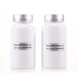 150cc White PET Plastic Packer Bottle (F2091P0150) with Electroplated Silver Plastic Cap (Hot Stamped Double Lines on the Side)