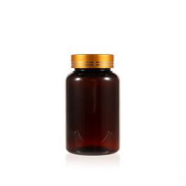 200cc Amber PET Plastic Packer Bottle (F2122P0200) with Electroplated Gold Plastic Cap (Hot Stamped Double Lines on the Side)