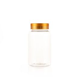 200cc Clear PET Plastic Packer Bottle (F2122P0200) with Electroplated Gold Plastic Cap (Hot Stamped Double Lines on the Side)