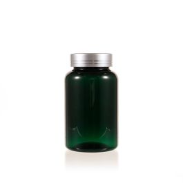 200cc Green PET Plastic Packer Bottle (F2122P0200) with Electroplated Silver Plastic Cap (Hot Stamped Double Lines on the Side)