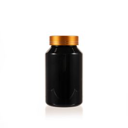 200cc Black PET Plastic Packer Bottle (F2125P0200) with Electroplated Gold Plastic Cap (Hot Stamped Double Lines on the Side)