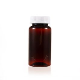 250cc Amber PET Plastic Packer Bottle (F2146P0250) with White Child-Resistant Plastic Cap