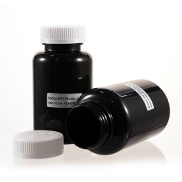 300cc Black PET Plastic Packer Bottle (F2160P0300) with White Child-Resistant Plastic Cap