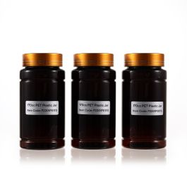 170cc Dark Amber PET Plastic Packer Bottle (F2201P0170) with Electroplated Gold Plastic Cap (Hot Stamped Double Lines on the Side)