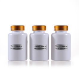 175cc Opaque White PET Plastic Packer Bottle (F2201P0175) with Electroplated Gold Plastic Cap (Hot Stamped Double Lines on the Side)