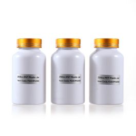 200cc Opaque White PET Plastic Packer Bottle (F2201P0200) with Electroplated Gold Plastic Cap (Hot Stamped Double Lines on the Side)